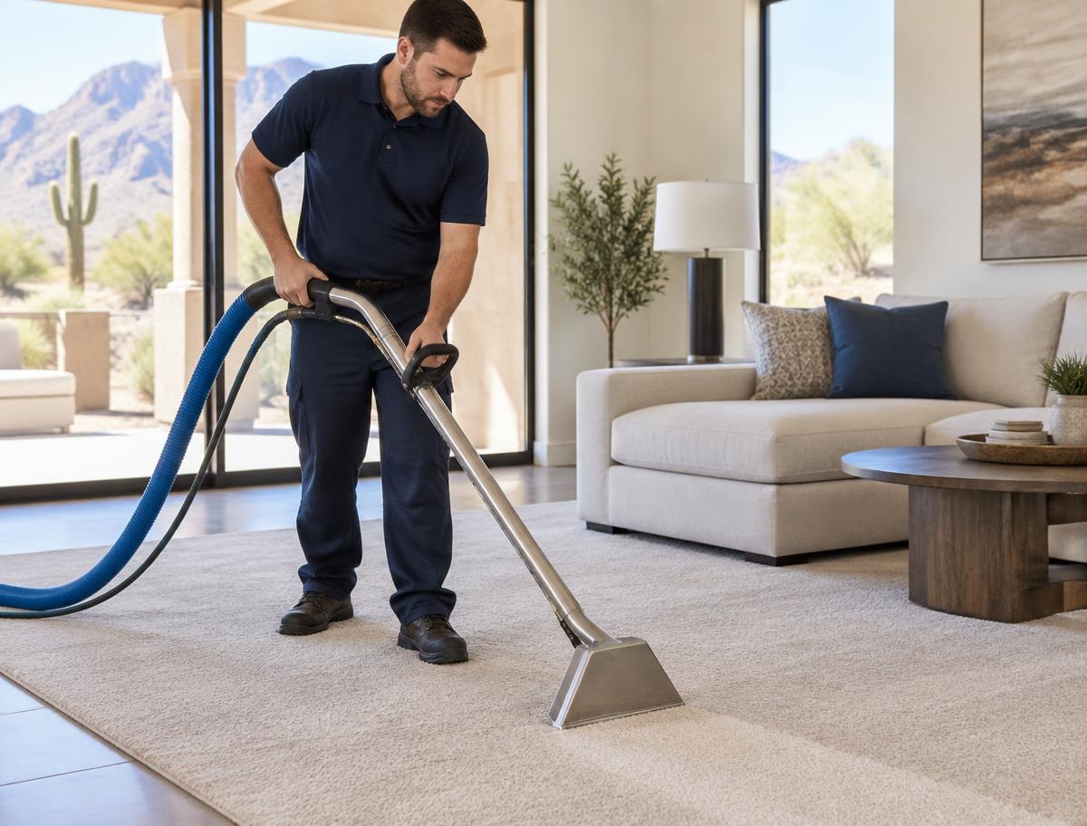 Illustrative scene of a technician cleaning residential carpet
