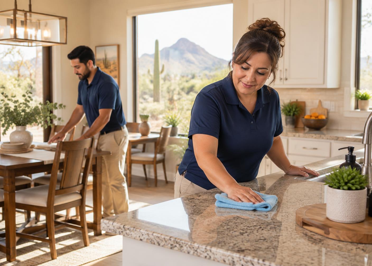 Illustrative scene of two cleaners working together in a sunny Arizona home
