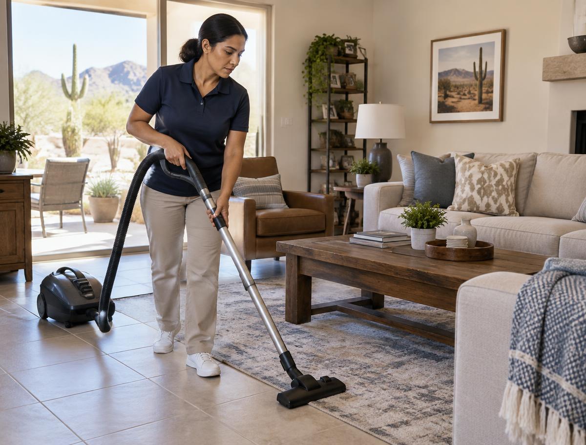 Illustrative scene of a cleaner vacuuming a residential living room